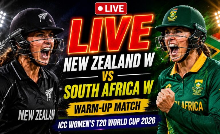 Promotional graphic for a women's cricket warm-up match featuring New Zealand Women and South Africa Women. Two female cricketers in team jerseys are shown celebrating on either side, with bold text announcing a live ICC Women’s T20 World Cup 2026 warm-up match under stadium lights.