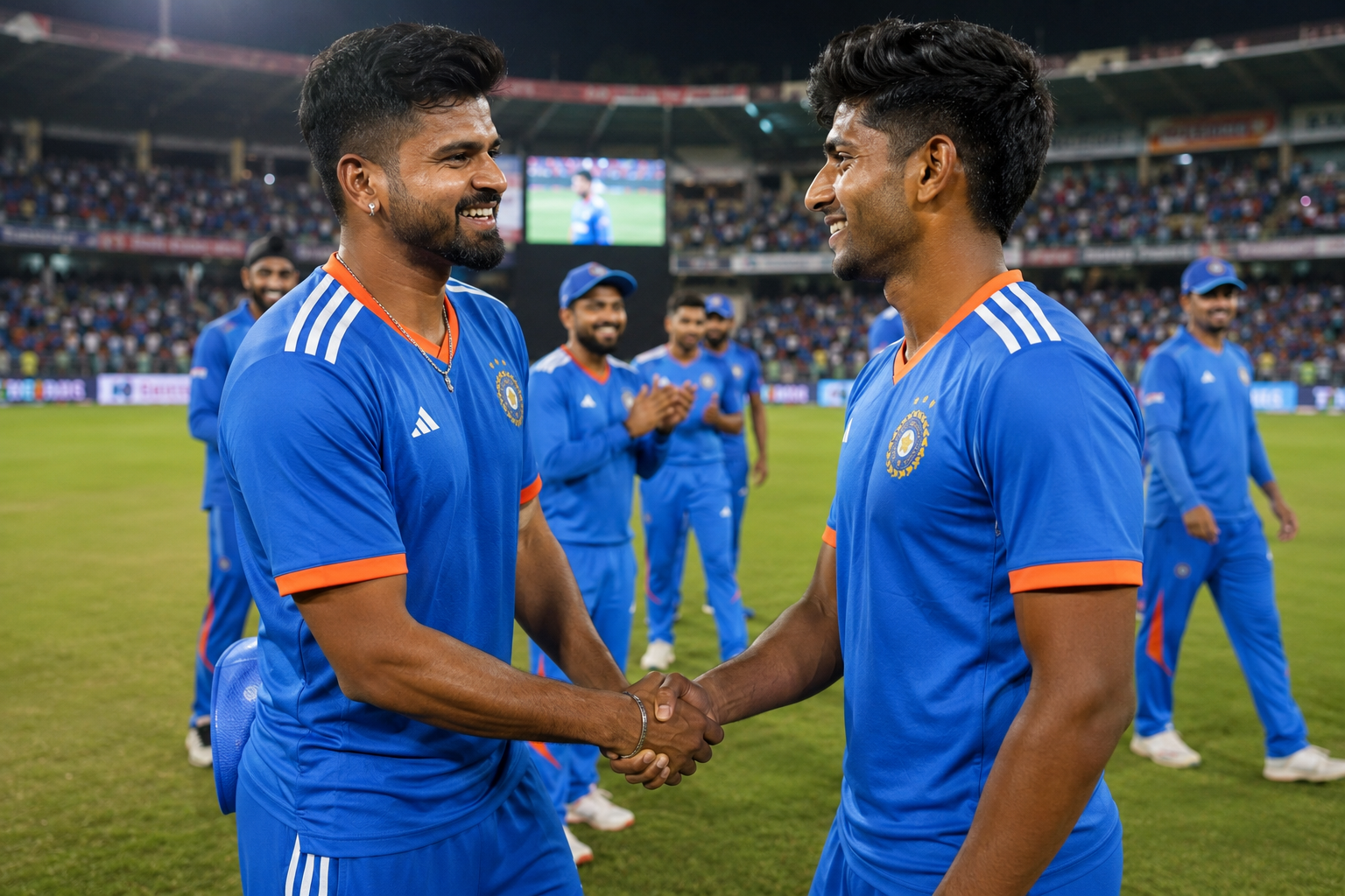 Shreyas Iyer congratulates Mayank Yadav after India's win over Zimbabwe in the first T20I.
